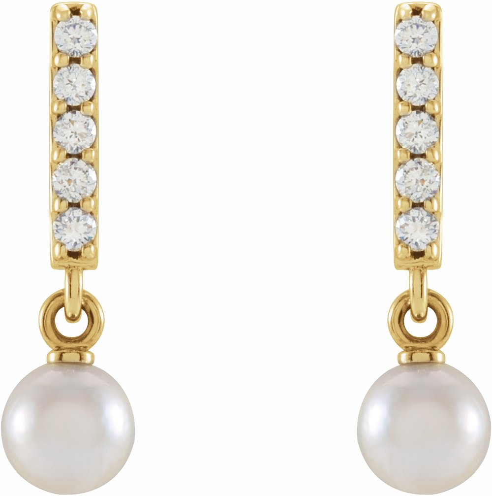 14K Yellow Cultured Akoya Pearl & .03 CTW Natural Diamond Bar Earrings