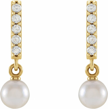 14K Yellow Cultured Akoya Pearl & .03 CTW Natural Diamond Bar Earrings