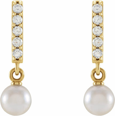 14K Yellow Gold Cultured Akoya Pearl & .03 CTW Natural Diamond Bar Earrings	