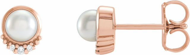 14K Rose Gold Cultured White Akoya Pearl & .02 CTW Natural Diamond Earrings