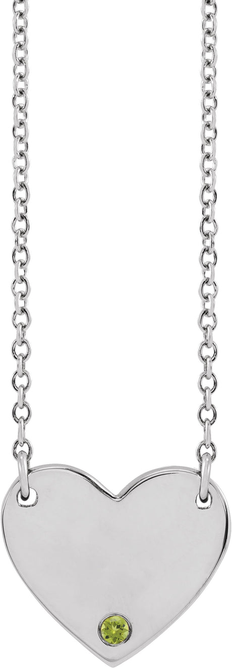 Sterling Silver Natural Peridot Engravable Heart 18" Necklace
