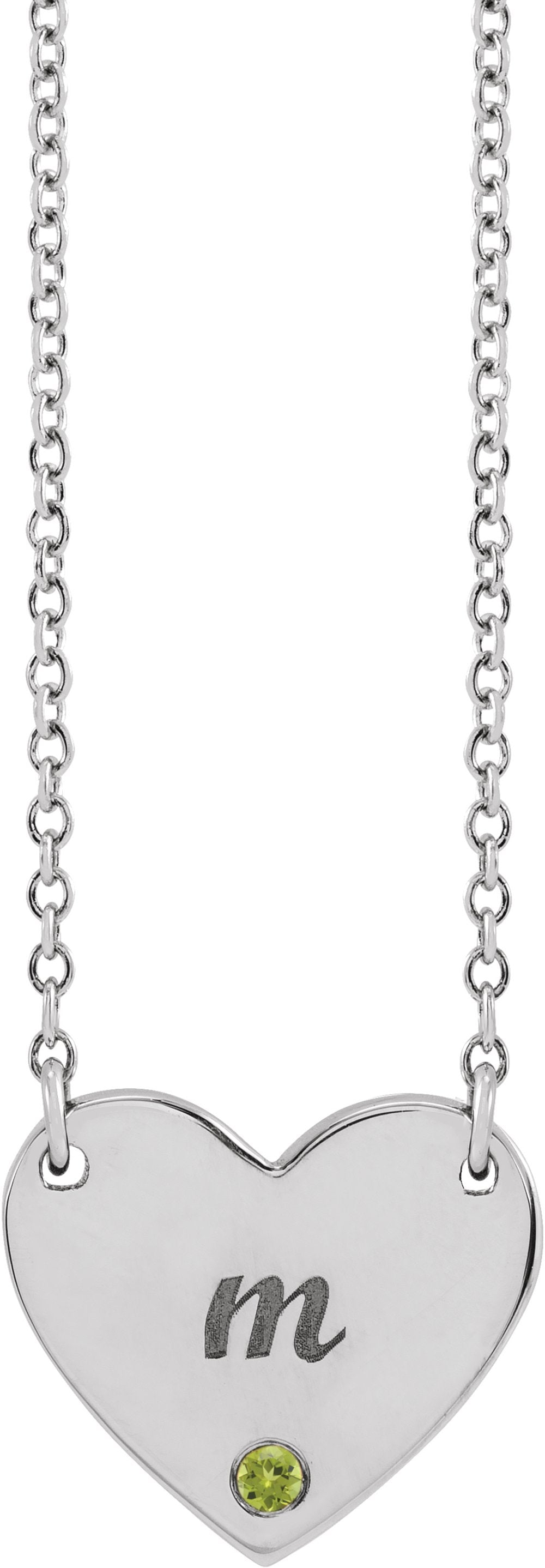 Sterling Silver Natural Peridot Engravable Heart 18" Necklace