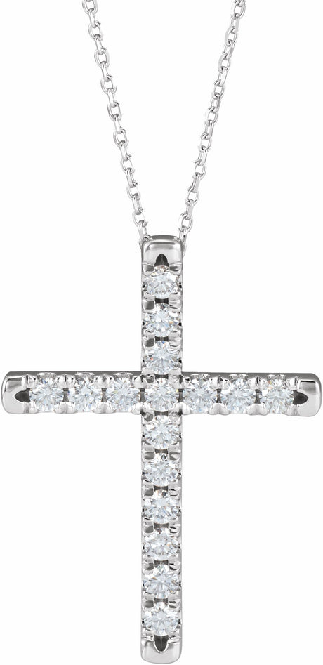 14K White 1 CTW Lab-Grown Diamond French-Set Cross 16-18" Necklace