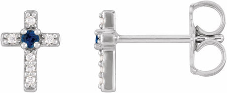 14K White Gold Natural Blue Sapphire & .03 CTW Natural Diamond Cross Earrings