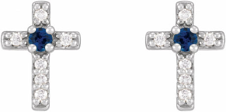 14K White Gold Natural Blue Sapphire & .03 CTW Natural Diamond Cross Earrings