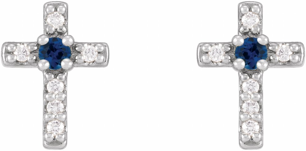 14K White Gold Natural Blue Sapphire & .03 CTW Natural Diamond Cross Earrings