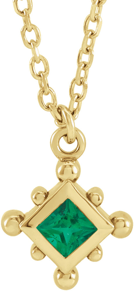 14K Yellow Gold Natural Emerald Bezel-Set Beaded 16-18" Necklace