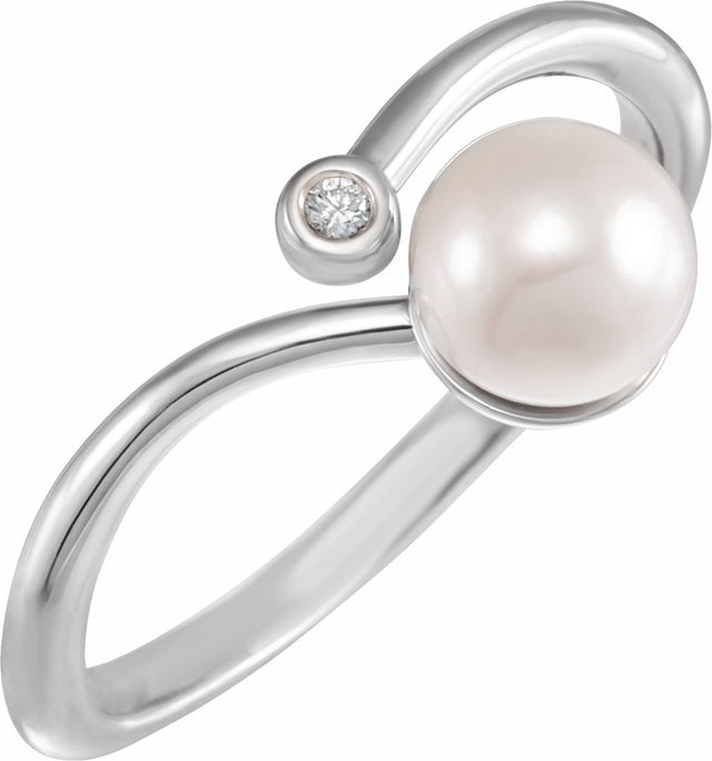 14K White Cultured White Akoya Pearl & .015 CT Natural Diamond Freeform Ring