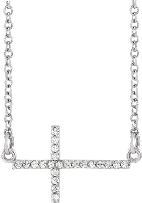 14K White Gold .08 CTW Natural Diamond Sideways Cross 16-18" Necklace
