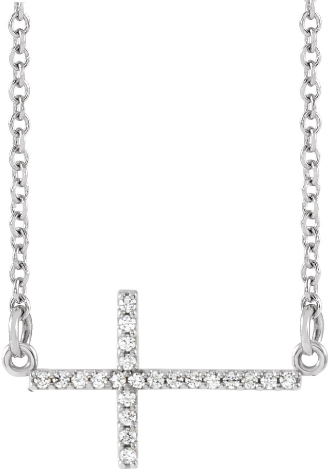 14K White Gold .08 CTW Natural Diamond Sideways Cross 16-18" Necklace