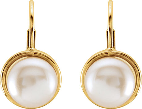 14K Yellow Gold Cultured White Freshwater Pearl Lever Back Earrings