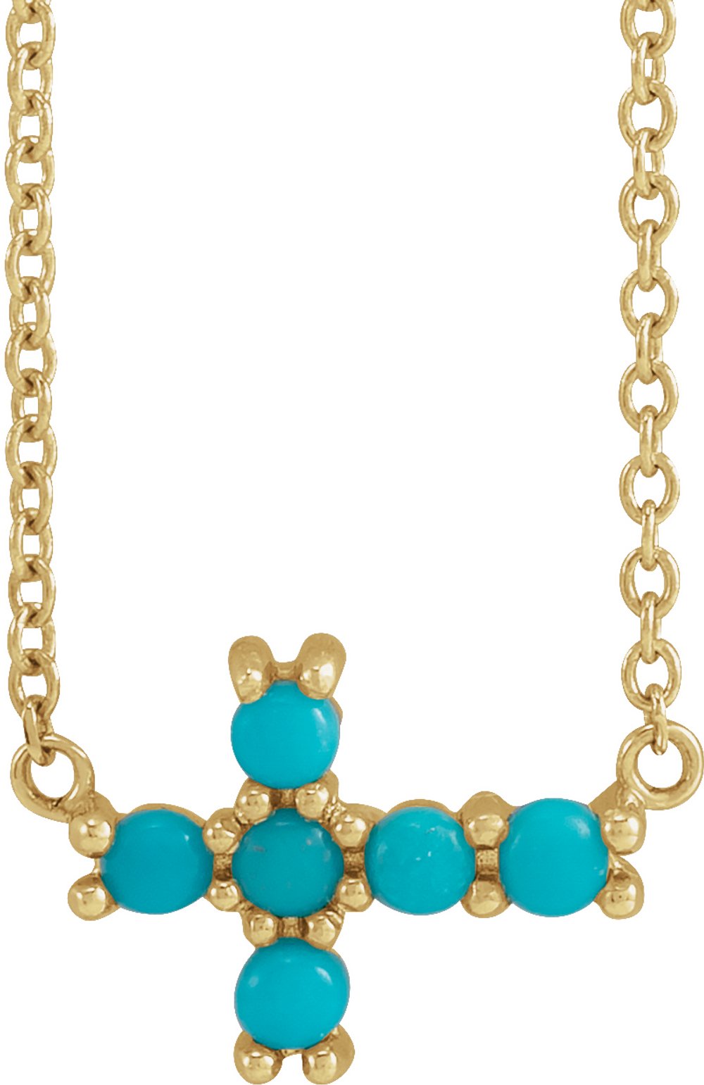 14K Yellow Gold Natural Turquoise Sideways Cross 18" Necklace