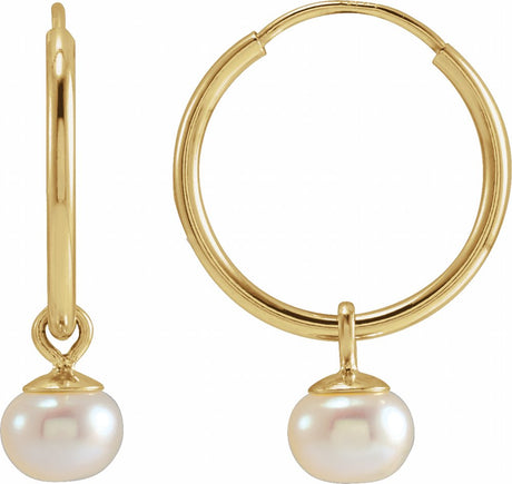 14K Yellow Gold Cultured White Freshwater Pearl 12 mm Endless Hoop Earrings