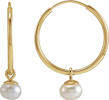 14K Yellow Gold Cultured White Freshwater Pearl 15 mm Endless Hoop Earrings