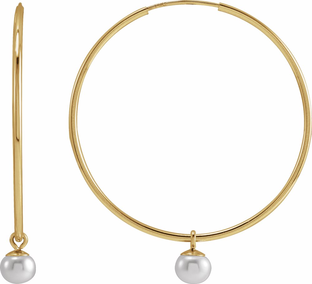 14K Yellow Cultured White Freshwater Pearl 30 mm Endless Hoop Earrings