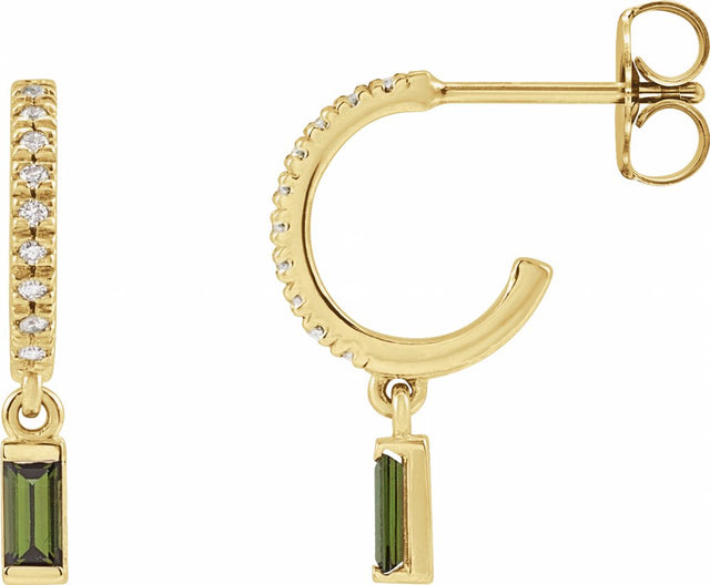 14K Yellow Natural Green Tourmaline & .08 CTW Natural Diamond French-Set Hoop Earrings