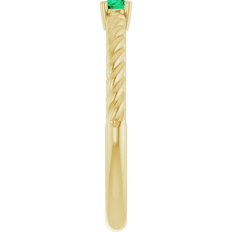 14K Yellow Gold 3 mm Lab-Grown Emerald Solitaire Rope Ring