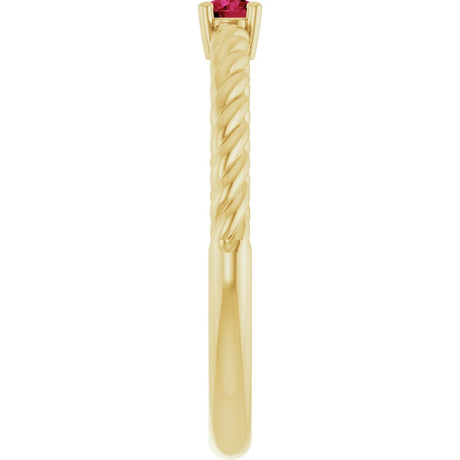 14K Yellow Gold 3 mm Lab-Grown Ruby Solitaire Rope Ring