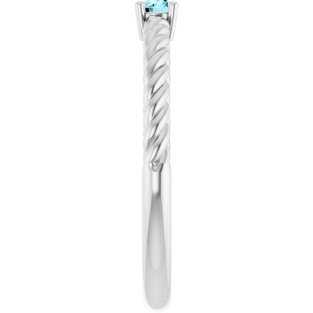 14K White Gold 4 mm Natural Blue Zircon Solitaire Rope Ring