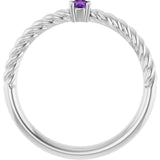 14K White 3 mm Natural Amethyst Solitaire Rope Ring