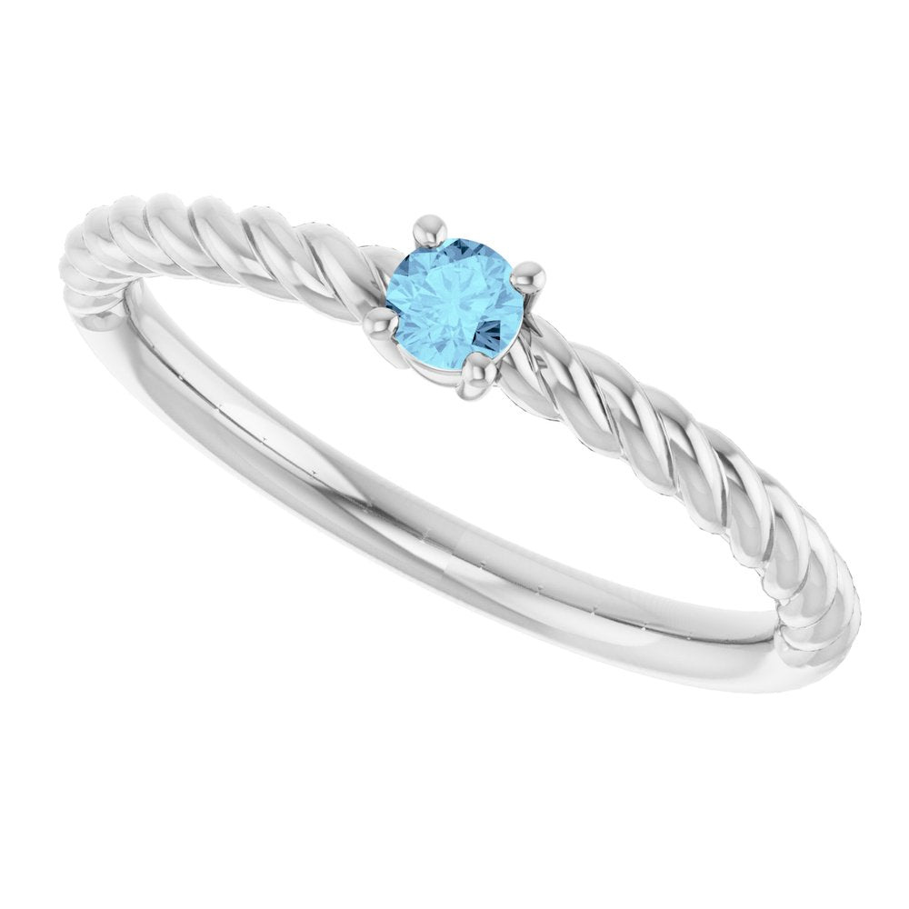 Sterling Silver 3 mm Natural Aquamarine Solitaire Rope Ring