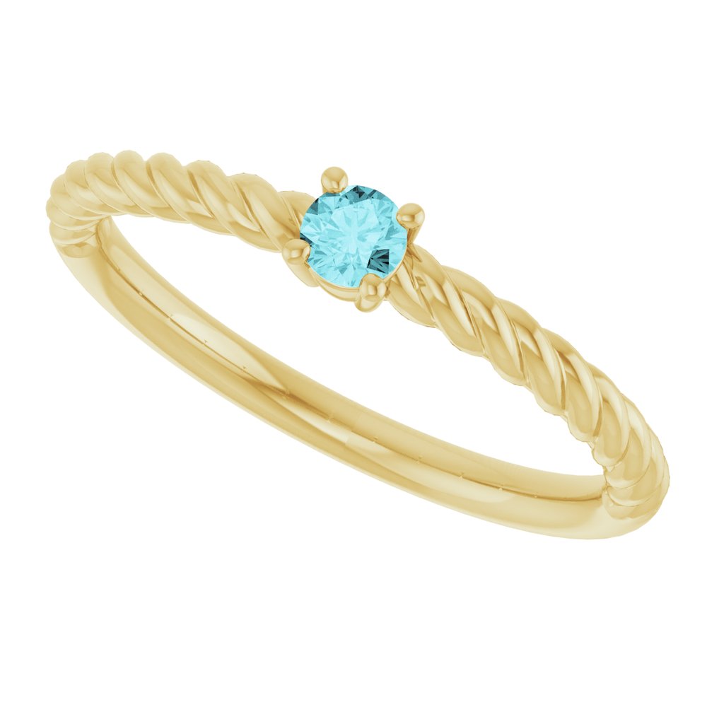 14K Yellow Gold 3 mm Natural Blue Zircon Solitaire Rope Ring