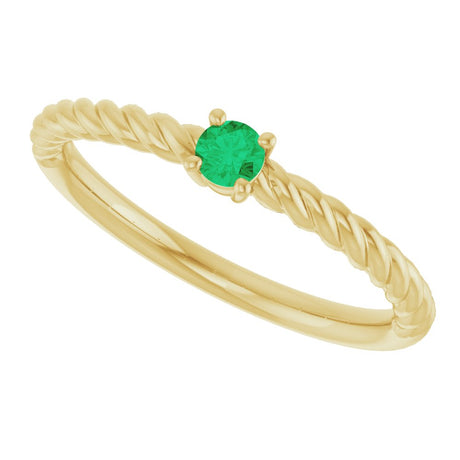 14K Yellow Gold 3 mm Lab-Grown Emerald Solitaire Rope Ring