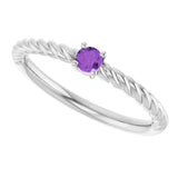 14K White 3 mm Natural Amethyst Solitaire Rope Ring