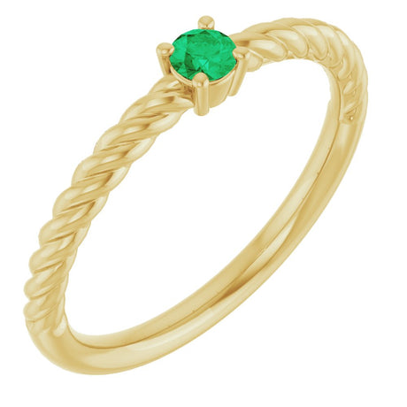 14K Yellow Gold 3 mm Lab-Grown Emerald Solitaire Rope Ring