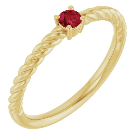 14K Yellow Gold 3 mm Lab-Grown Ruby Solitaire Rope Ring