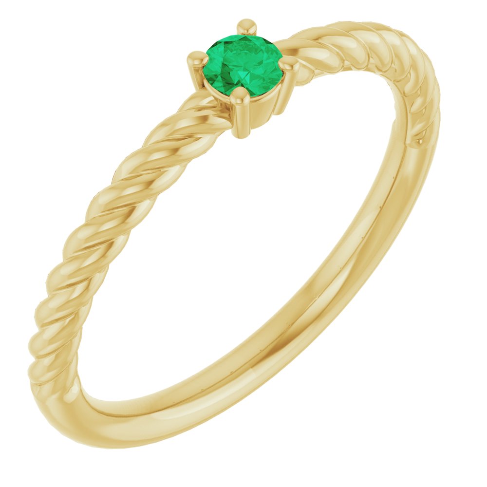14K Yellow Gold 3 mm Lab-Grown Emerald Solitaire Rope Ring