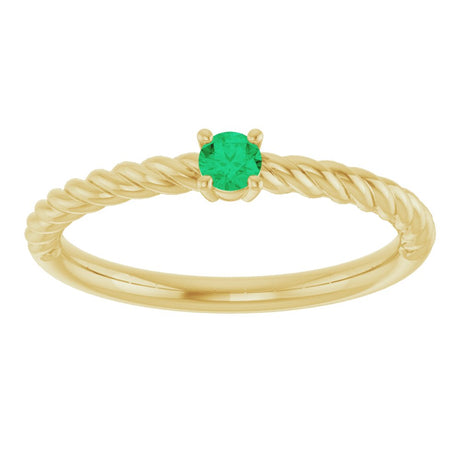 14K Yellow Gold 3 mm Lab-Grown Emerald Solitaire Rope Ring