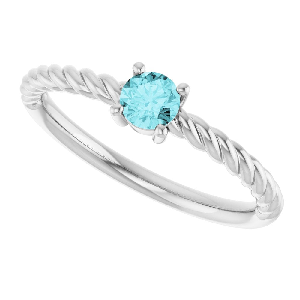 14K White Gold 4 mm Natural Blue Zircon Solitaire Rope Ring