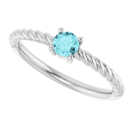 14K White Gold 4 mm Natural Blue Zircon Solitaire Rope Ring