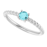 14K White 4 mm Natural Blue Zircon Solitaire Rope Ring