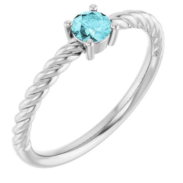 14K White Gold 4 mm Natural Blue Zircon Solitaire Rope Ring