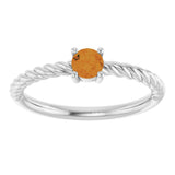 14K White 4 mm Natural Citrine Solitaire Rope Ring