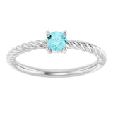 14K White 4 mm Natural Blue Zircon Solitaire Rope Ring