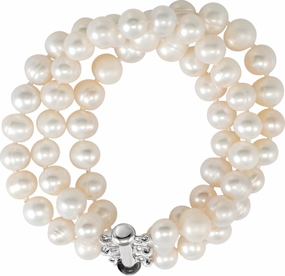 Sterling Silver Cultured White Freshwater Pearl Triple Strand 7 1/4" Bracelet