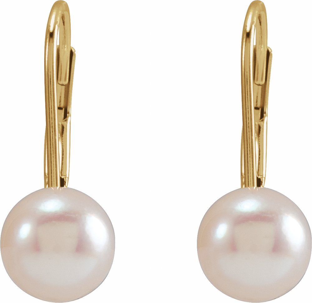 14K Yellow Cultured White Akoya Pearl Lever Back Earrings