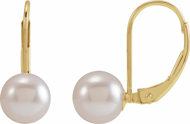 14K Yellow Cultured White Akoya Pearl Lever Back Earrings