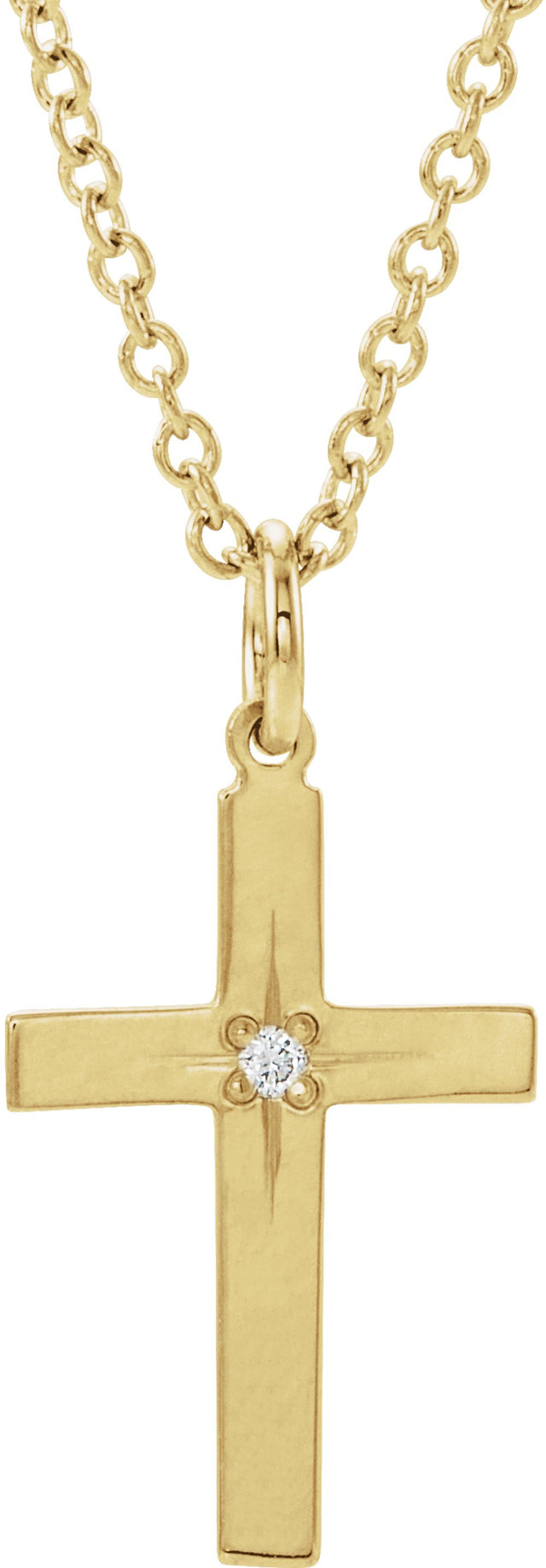14K Yellow Gold .0075 CT Natural Diamond Youth Cross 15" Necklace
