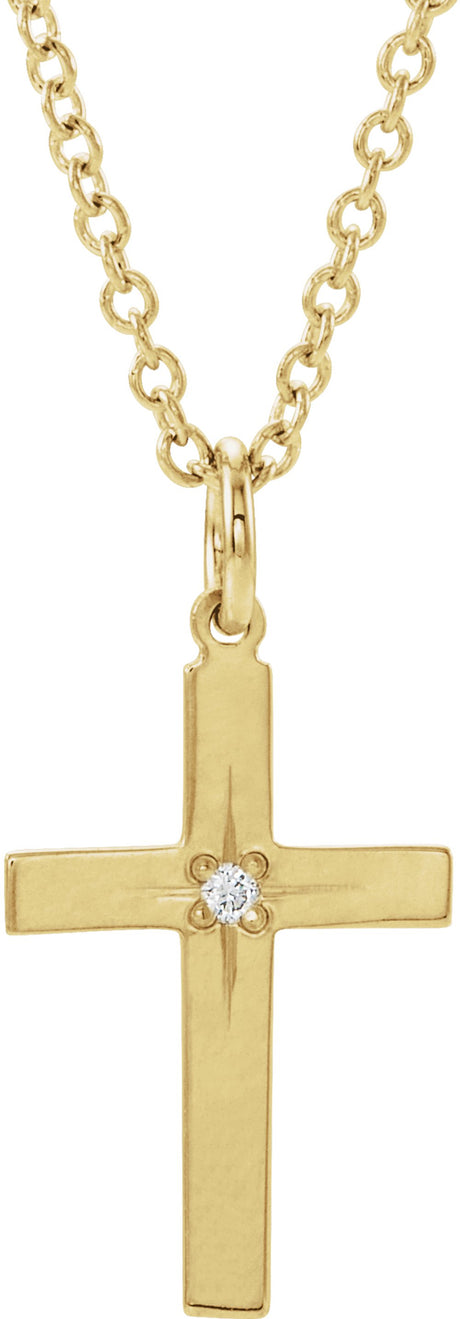 14K Yellow Gold .0075 CT Natural Diamond Youth Cross 15" Necklace