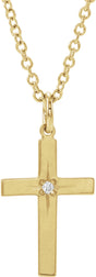 14K Yellow Gold .0075 CT Natural Diamond Youth Cross 15" Necklace