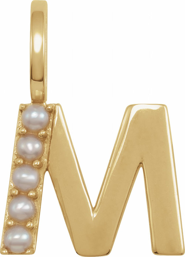 14K Yellow Cultured White Freshwater Pearl Initial M Charm/Pendant