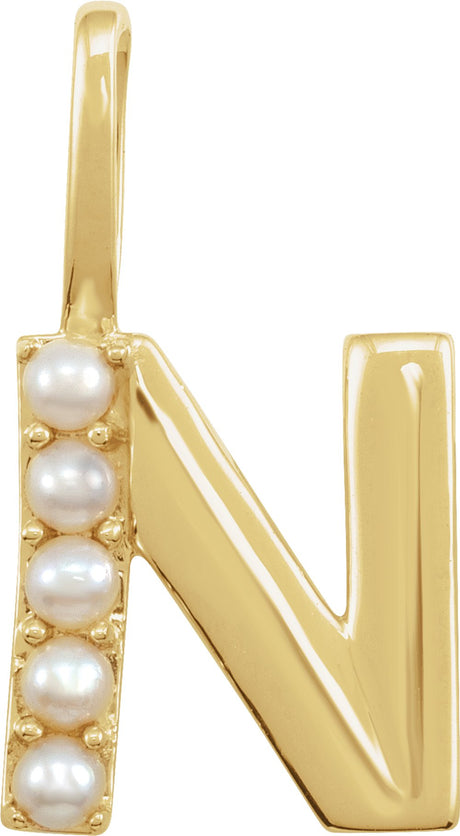 14K Yellow Cultured White Freshwater Pearl Initial N Charm/Pendant