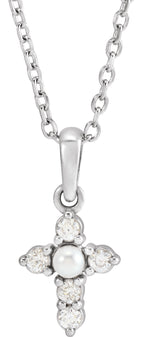 14K White Cultured White Seed Pearl & .07 CTW Natural Diamond Cross 16-18" Necklace