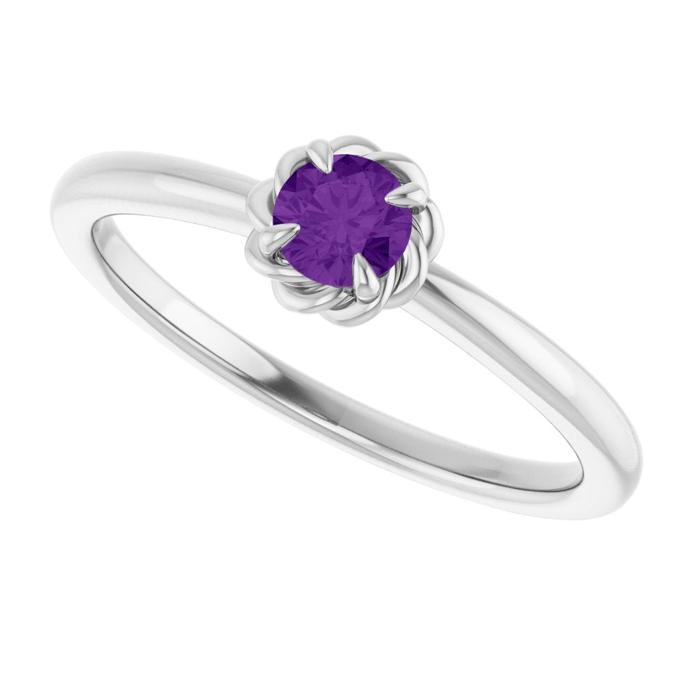 Sterling Silver Natural Amethyst Solitaire Rope Ring