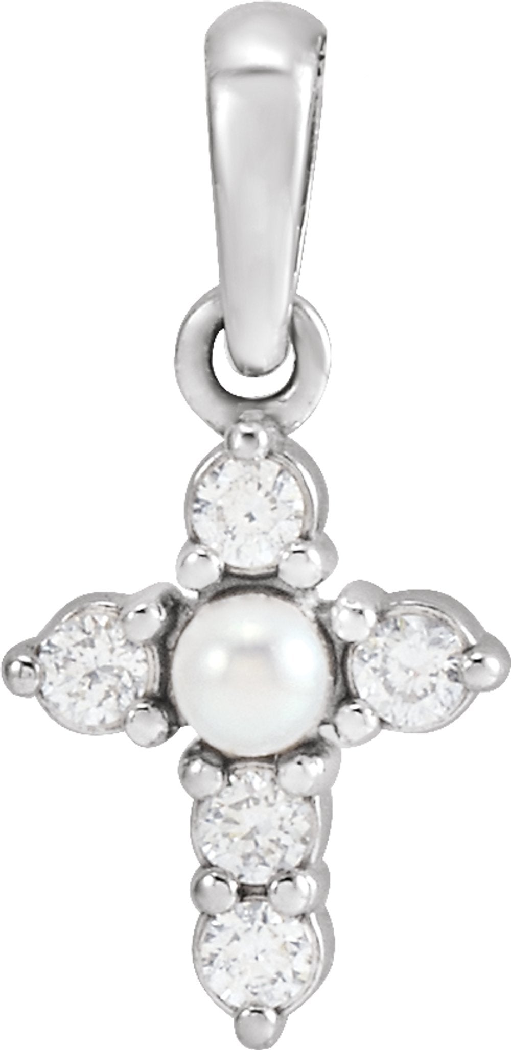 14K White Gold Cultured White Seed Pearl & .07 CTW Natural Diamond Cross Pendant