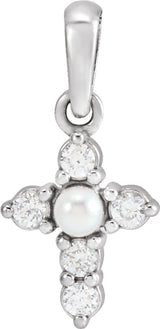 14K White Gold Cultured White Seed Pearl & .07 CTW Natural Diamond Cross Pendant